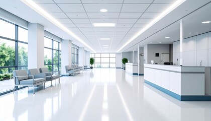 Modern spacious hospital corridor with white walls and large