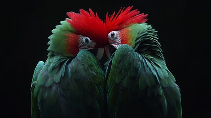 In a close-up shot, two vibrant parrots sit facing one another, their beaks gently touching