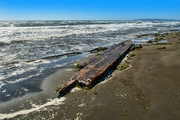 A sea storm in shallow water. Foamy waves and lots of quivering foam on the shore. Sakhalin, Sea of...