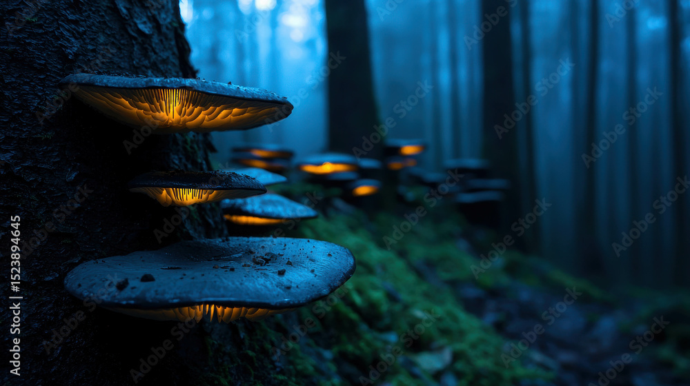 Poster mystical glowing mushrooms on tree trunk surrounded by calm forest environment with soft blue lighti