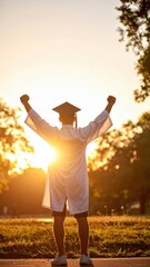 Young graduate celebrating achievement outdoors with sunset and raised fists