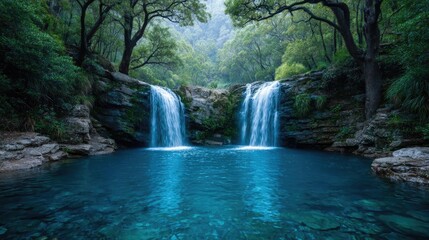 Fototapeta premium Mental detox in focus and wellness recovery concept. A serene waterfall cascading into a tranquil blue pool.
