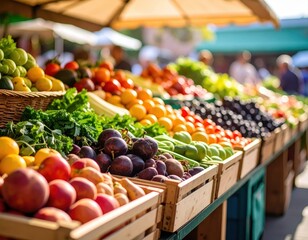 Fresh Fruits Display at Outdoor Market with Colorful Arrangement of Vegetables