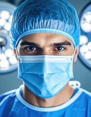 Close-up of a focused surgeon wea a blue surgical cap and mask in operating room