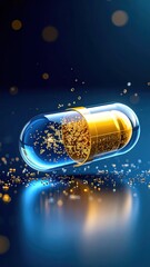 Vibrant digital illustration of a glowing capsule pill with golden particles floating around
