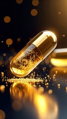 Close up of capsule pill with liquid medicine and sparkling bubbles in warm light