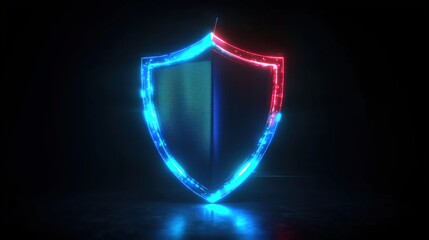 This artwork showcases a glowing holographic shield icon with blue and red neon lights outlining its edges, set against a black background that creates an atmosphere of digital security or cyber safet