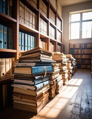 Bright Library Room with Tall Wooden Shelves Filled with Books and Files