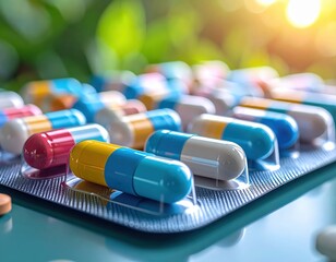 Close-up of colorful capsules in blister pack showcasing medicine pills for health treatment