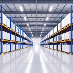 Spacious warehouse with tall shelving units filled with packages and goods