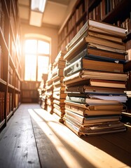 Endless library aisle with towe stacks of books illuminated by warm sunlight
