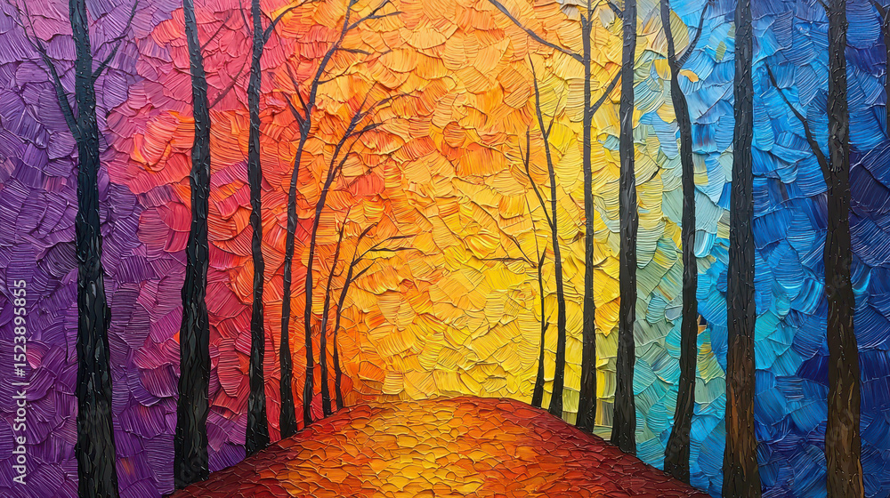Poster vibrant abstract landscape with textured trees and colorful sky creating a dreamy pathway through a 