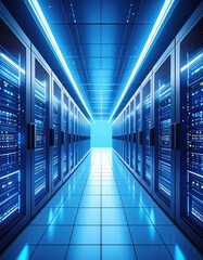 Futuristic data center with glowing blue server racks and high tech lighting