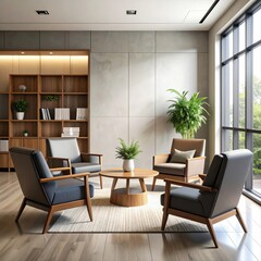Modern stylish interior design of a cozy office lounge with armchairs and plants