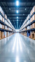 Extensive Warehouse Interior with Shelves Stocked with Boxes and Clear Aisle
