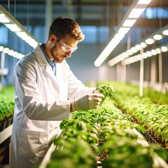 Scientist examining plants in a modern indoor greenhouse laboratory with safety goggles