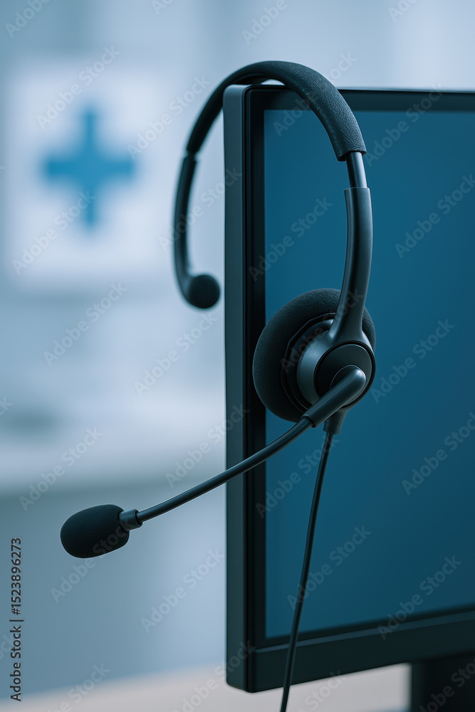 Poster headset on computer monitor in healthcare call center tech for patient consultation and support in m
