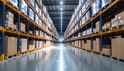 Spacious warehouse with high shelves filled with stacked cartons and organized storage