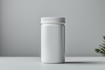 A clean, white plastic jar with a screw-on lid sits on a minimalist light gray surface.  The simple design is perfect for product packaging or mockup.
