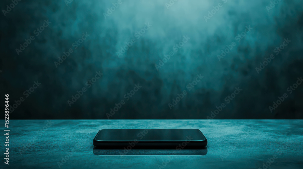 Poster dark and mysterious smartphone on a textured surface with soft blue lighting in an abstract and mini