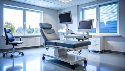 Modern medical examination room with adjustable examination bed and medical equipment