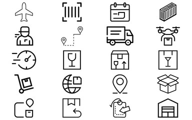 Delivery & Logistics icons vector set. Package, truck, warehouse, shipping, tracking, courier, freight, and transport symbols collection

