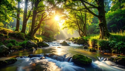 Serene Mountain Stream Flowing Through Lush Forests at Sunrise with Sunlight