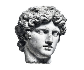 Ancient marble sculpture head of a young man with curly hair on a transparent background, cut out