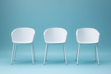 Obraz premium Three minimalist white chairs in a row against pastel blue background, modern furniture design and simplicity concept