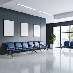 Modern airy waiting room with blue chairs bright natural light and large window
