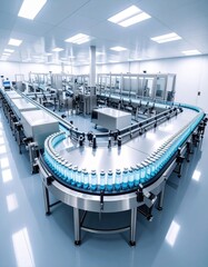 Modern automated beverage bottling production line with conveyor system in clean factory environment
