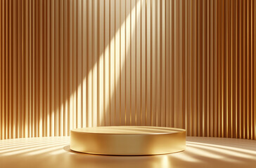 Golden podium in room with vertical striped walls, illuminated by sunlight. Elegant and minimalistic design