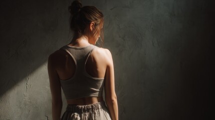Young woman with tied hair wearing top and shorts is posing with her back against a textured wall, illuminated by a ray of light from a window, creating a cinematic and moody atmosphere
