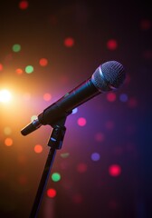 Obraz premium Professional dynamic microphone on stand with colorful bokeh stage lights