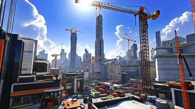 Large-scale modern construction site with skyscrapers and cranes under bright blue sky.
