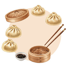 Vector watercolor Chinese Dim Sum / 水彩テイストの中華点心フレーム
