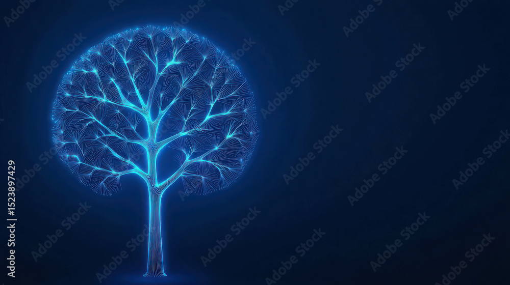 Aufkleber futuristic blue neon tree structure with intricate branches on dark background representing nature a