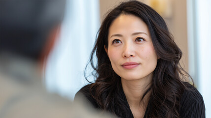 Obraz premium 医師と向き合う日本人女性の真剣な表情