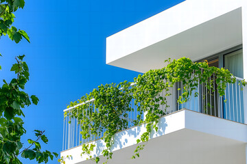 Balcony of white modern apartment with green vines hanging from railings, clear blue sky background