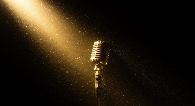 Vintage microphone illuminated by a spotlight on a dark background