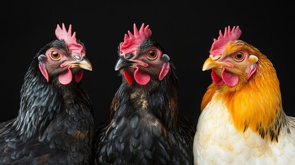 Naklejka premium A close-up shot features three vibrant chickens with lively facial expressions set against a dark black background