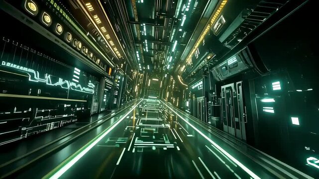 Futuristic spaceship corridor glowing with green and yellow lights in symmetrical structure