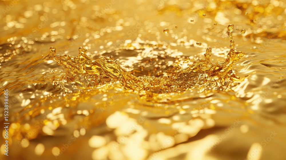 Poster captivating splash of liquid gold with delicate droplets creating ripples in a shimmering golden sur