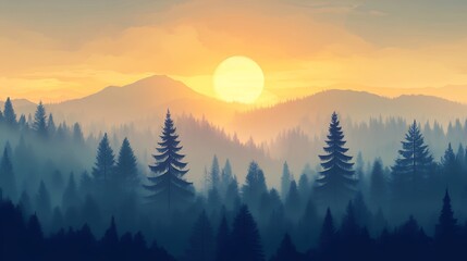 Misty Forest Sunrise Landscape - Digital Art