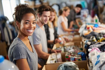 Obraz premium Diverse group of volunteers sorting donations at a charitable organization, focusing on teamwork and community service through sorting and organizing donated food and clothes
