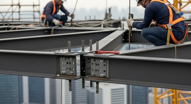 Construction Workers Assembling Steel Beams on High-Rise Building
