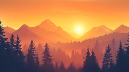 Obraz premium Sunrise Serenity: Mountain Vista with Silhouetted Forest