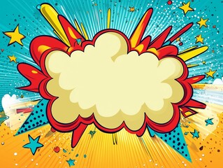 Dynamic Comic Book Style Explosion Blank Speech Bubble with Vibrant Pop Art Background and Scattered Stars for Announcement or Sale