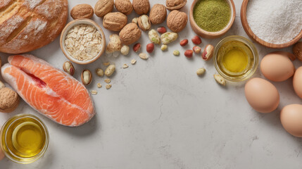 Naklejka premium A vibrant overhead flat lay displays healthy fats like salmon, nuts, olive oil, eggs, seeds, and whole grain bread against a light grey neutral background.