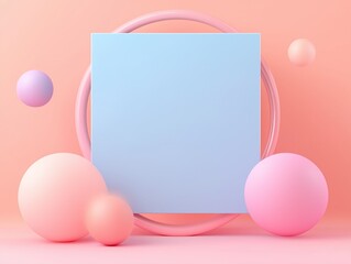 Minimalist 3D Scene with Blank Square Frame and Spheres for Product Presentation or Abstract Geometric Background